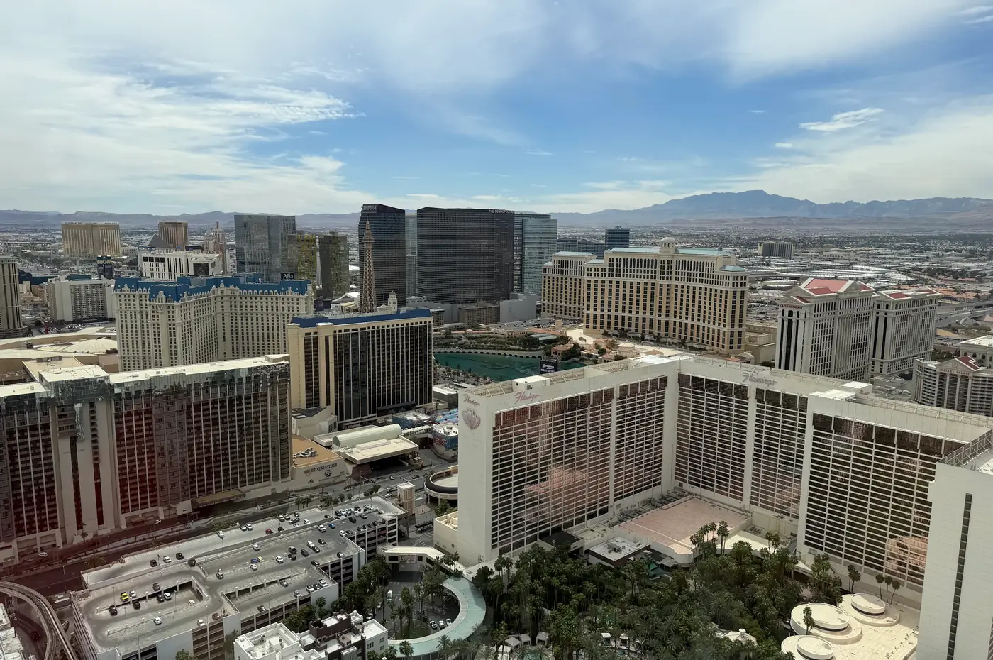 Daytime Las Vegas Strip and mountain view from a High Roller cabin